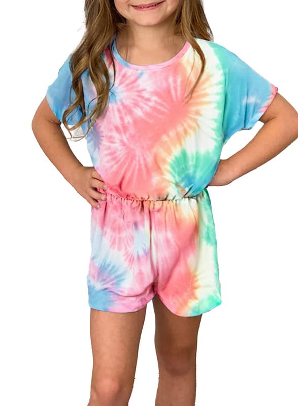 Dokotoo Loose Girl Crew Neck Tie Dye Print Romper Jumpsuit Summer Short Sleeve Outfits Set Size 6-7 Rose