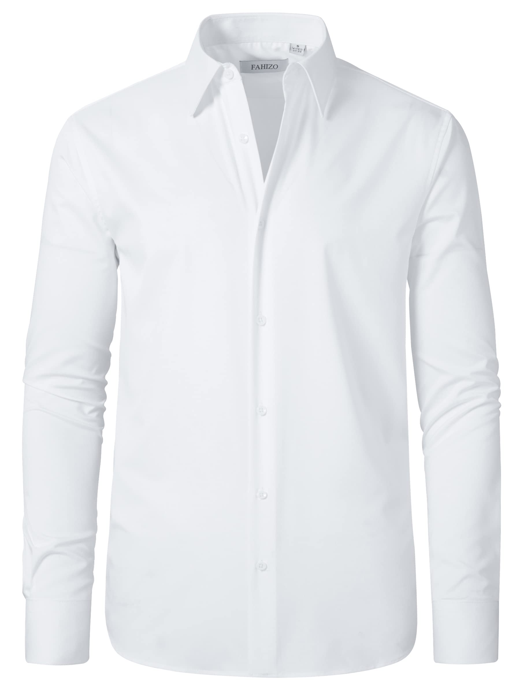 FAHIZO Men's Dress Shirt Regular Fit Soild Business Formal Long Sleeve Button Up Stretch Shirts, White, 17.5 Neck 34"-35" Sleeve(XL)