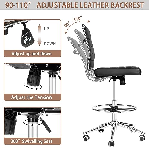 LUCKWIND Drafting Chair Tall Office Chair Ribbed - Mid-Back PU Leather Standing Desk Stool with Adjustable Foot Ring Wide Seat Tilt-Tension Rocker Lumbar Support Swivel Rolling 400lbs, Black