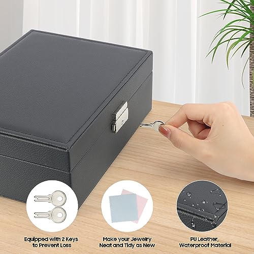 TEIVUL Jewelry Box Organiser for Girls Women,2 Layer PU Leather Jewellery box with 2 Keys,Suitable for Earrings Rings Necklaces Holder(BLACK)