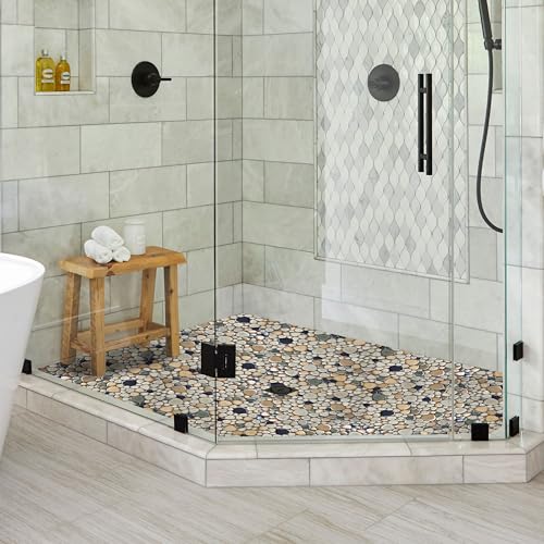 Primoon Pebble Stone Mosaic Tiles 5 Sheets, Beige Tan Brown Ceramic Mosaic Sheets Mesh Mounted 12x12, Glazed Porcelain Tile for Shower Floor Kitchen Bathroom Accent Wall Backsplash 【5 Sheets】