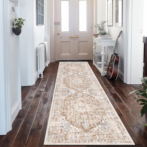 U'Artlines 2' x 6' Boho Hallway Runner Rug, Non Slip Washable Vintage Farmhouse Accent Area Rug Carpet for Kitchen Entryway Laundry and Living Room (Beige Khaki)