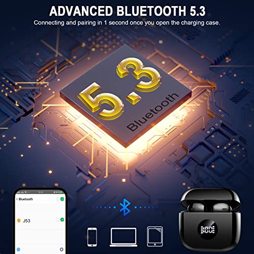 Bluetooth 5.3 Earbuds with LED Display, Bass Stereo, Noise Cancelling Mic, 40H Playback - Waterproof Sports Earphones for Android/iOS