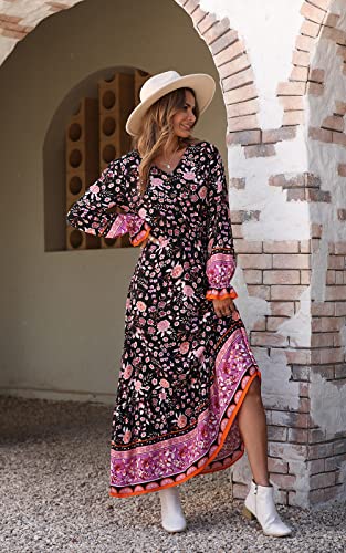 PRETTYGARDEN Women's Long Sleeve Midi Dress - V Neck Casual Chiffon Buttons Floral Print Fall Long Dresses (Black,Small)