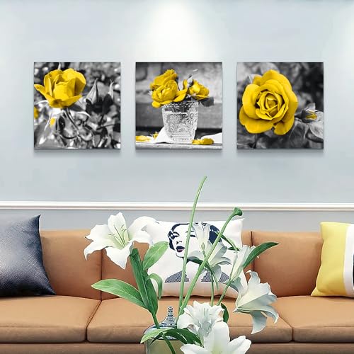 Lapremoly Canvas Wall Art For Kitchen Restaurant Wall Decor For Bedroom Black And White Wall Painting Yellow Rose Pictures Print Art Ready To Hang Girls Gift Room Modern Home Decor 12"X12" 3 Pieces