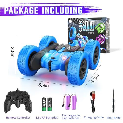 Terucle Remote Control Car, Rc Cars Stunt RC Car Toys New Upgraded Strip Lights and Headlights Car Toys Double-Sided 360° Rotating 4WD Rc Drift Truck for Boys Girls Birthday Gift (Blue)