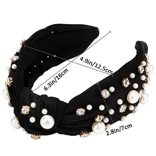 Atoden Black Wide Top Knot Headband with Pearl Rhinestone for Women's Hair Embellished Headbands Non Slip Sparkly Hair Bands Fashion Hair Accessories