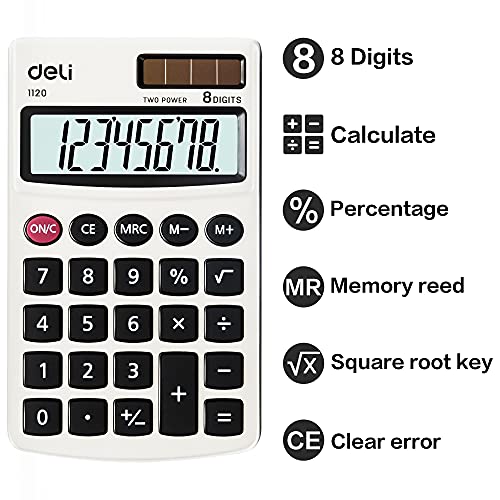 Calculator, Deli Standard Function Basic Calculators, Solar Battery Dual Power Office Calculator with Cover, Metal Panel