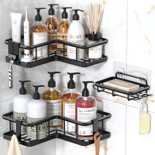 YASONIC 2024 New Corner Shower Caddy, 3-Pack Shower Organizer Corner with Soap Holder and 4 Removable Hooks, Rustproof Corner Shower Shelves, No Drilling Shower Shelf for Inside Shower, Black