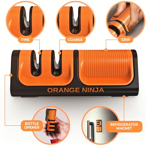 Orange Ninja Mini Knife Sharpener - Coarse & Fine Knife Sharpener, Knife Sharpening System- Knife Sharpeners for Kitchen Knives, Pocket Kitchen Knife Sharpener with Bottle Opener & Fridge Attachment