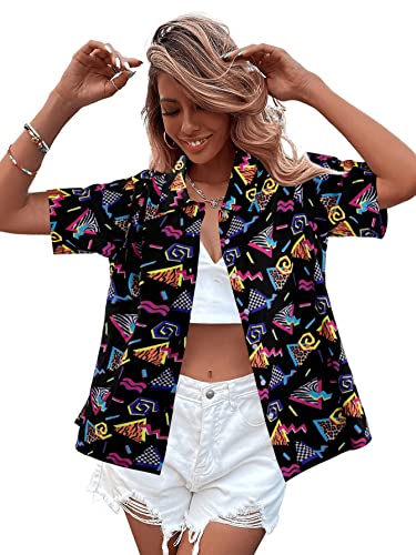 80s 90s Outfits for Women Retro Theme Party Disco Shirt 80s Hawaiian Shirt Neon Button Down Short Sleeve Blouse Tops