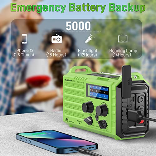 NOAA Emergency Weather Radio,5000mAh Weather Alert Radio,Solar Charging,Hand Crank & USB Charged,Portable AM/FM/SW Radio with Best Reception,Flashlight,Reading Lamp,SOS Alarm,for Home Outdoor(Green)