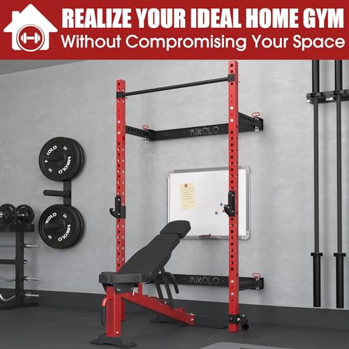 Mikolo 2" x 2" Folding Wall Mounted Squat Rack, 1000 Pounds Capacity Power Rack with Pull Up Bar, J Hooks, Landmine and Other Attachments, Space-Saving Home Gym(Black）