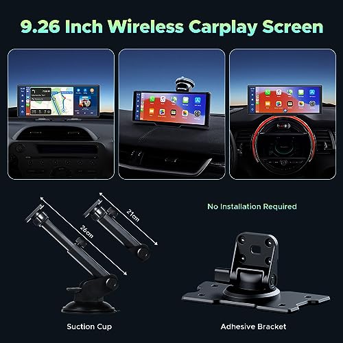 LAMTTO 9.26" Wireless Car Stereo Apple Carplay with 2.5K Dash Cam, 1080P Backup Camera, Portable Touchscreen GPS Navigation for Car, Car Stereo Receiver with Bluetooth, AirPlay, AUX/FM, Googel, Siri