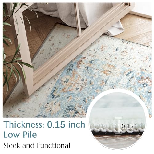 jinchan Area Rug 5x7 Washable Rug - Vintage Bedroom Rug Boho Floral Print Low Pile Thin Non-Slip Rug Retro Accent Rug Distressed Carpet for Living Room Dining Room Kitchen Office Light Blue