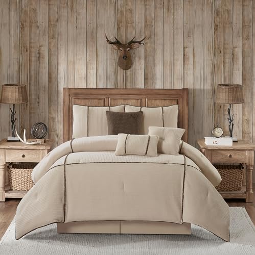 Stratford Park 7 Piece Beige Comforter Set, Queen Size Corduroy Peicework Bedding, All Season Bedding Set, Bed Skirt, Pillows & Shams