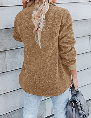 ZESICA Womens Winter Casual Sherpa Fleece Jacket Long Sleeve Button Solid Warm Fuzzy Outwear Coat Pockets,Wine,Large