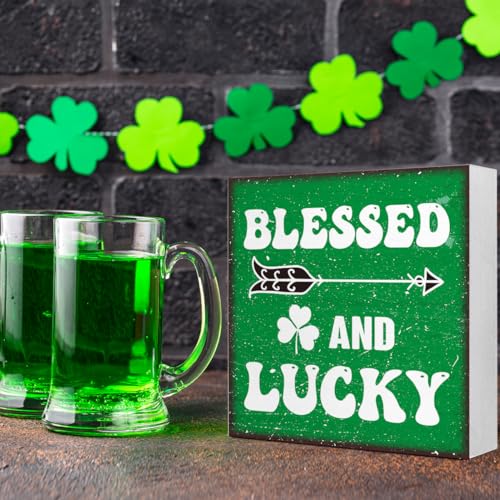 St Patricks Day Shamrock Wood Block Sign,Blessed and Lucky Wood Block Plaque Box Sign for Home Farmhouse Room Office Desk Table Decor,Irish St.Patrick's Day Wooden Box Decor