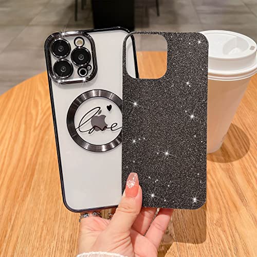 MGQILING Compatible with iPhone 14 Pro Max Magnetic Glitter Case-6.7 Inch, Luxury Love Heart Pattern Plating Clear Case, Compatible with MagSafe for Women Girls Shockproof Back Cover-Black