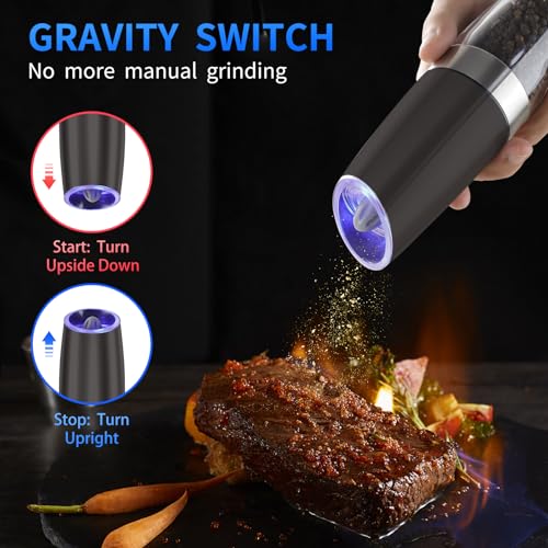 Gravity Electric Salt and Pepper Grinder Set of 2, Adjustable Coarseness, Automatic Mill Grinder, Battery Powered with Blue LED Light, One Hand Operated (Black 2 Pack)