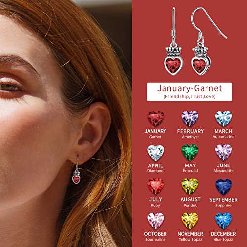 ChicSilver 925 Sterling Silver Crown Birthstone Drop Earrings for Women Created Red Garnet Heart Dangle Earrings Christmas Valentine's Day Birthday Gift