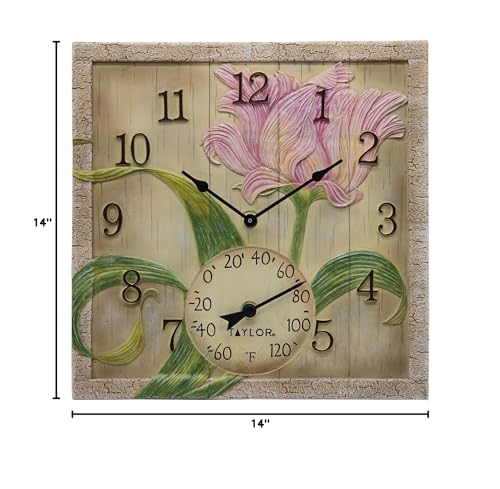 Taylor 14" x 14" Poly Resin Beachwood Flower Clock with Thermometer, One Size, Multicolored