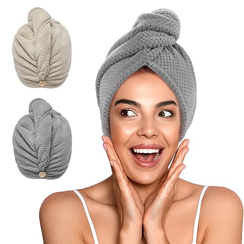 YFONG 2 Pack Large Microfiber Hair Towel Wrap for Women, Thicken Super Absorbent Quick Dry Hair Turban for Drying Curly Long Thick Hair Anti Frizz, Hair Drying Towel with Button for Wet Hair