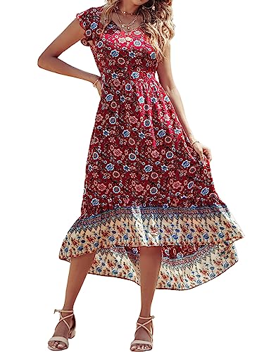 PRETTYGARDEN Women‘s Summer Maxi Dress Floral V Neck Short Sleeve Ruffle Casual Midi Long Dress Black