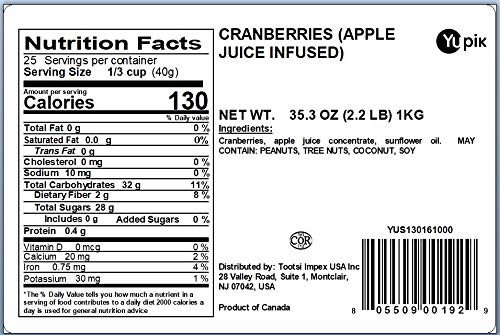 Yupik Cranberries Apple Juice Infused, 2.2 lb, Gluten-Free, Kosher, Vegan, Dried Fruits, No Added Sugar, Plump & Chewy, Source of Fiber, Healthy Snacks, Ideal for Baking & Topping