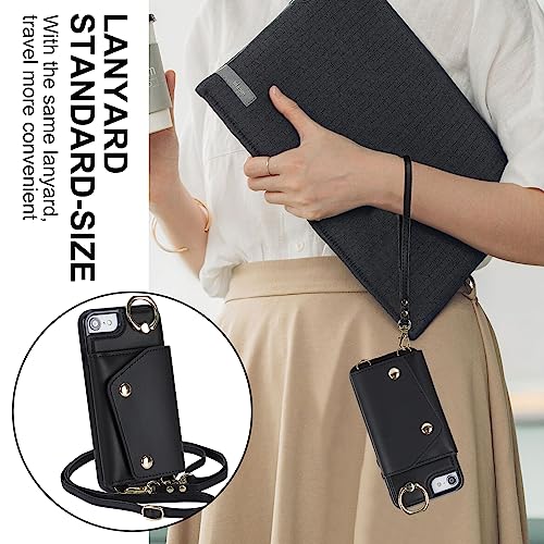 Phone Case for iPhone 7/8/SE 2020/2022 Wallet Cover with Screen Protector Ring Stand Card Holder Crossbody Strap Cell iPhone7 iPhone8 7s 8s i SE2020 SE2022 2/2nd/3/3rd Generation SE2 SE3 Women Black