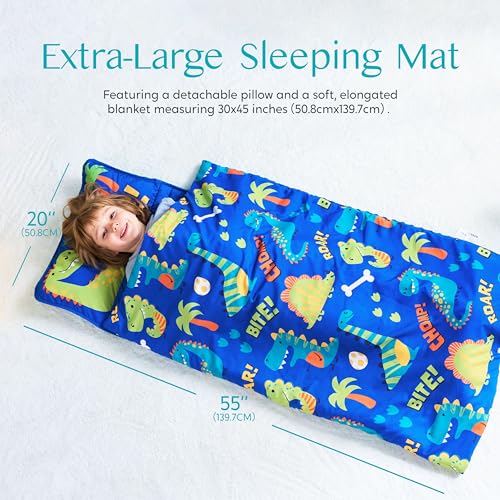 JOIEDOMI Toddler Nap Mat with Pillow & Blanket - 55''*30'' for Kids Ages 3-7 Years - Roll Up Nap Mat for Preschool - Soft Kids Sleeping Mat Dinosaur - for Boys Girls Kindergarten Daycare Sleepover