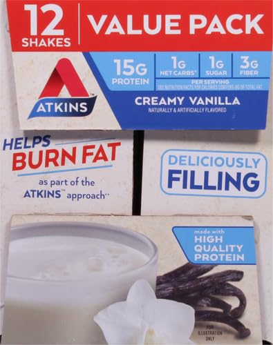 Atkins Creamy Vanilla Protein Shake, 15g Protein, Low Glycemic, 2g Net Carb, 1g Sugar, Keto Friendly, 12 Count