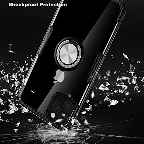 SQMCase Designed for iPhone 11 Case 6.1 inch 2019, Carbon Fiber Design Clear Crystal Anti-Scratch Case with 360 Degree Rotation Ring Kickstand(Work with Magnetic Car Mount) for iPhone 11,Black