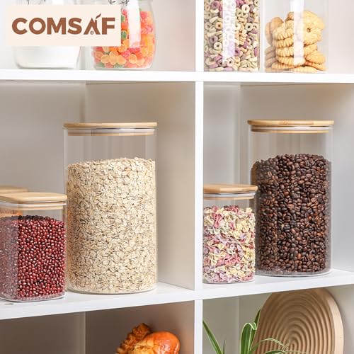 ComSaf Glass Food Storage Containers with Bamboo Lid (1.1Gallon/44oz), Glass Jar with Airtight Lid Clear Glass Food Canister Set of 2 for Dry food like Rice, Sugar, Flour, Pasta, Cereal, Beans, Nuts