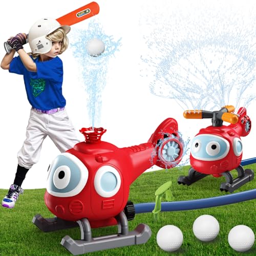 CozyJoyz Water Sprinkler Baseball Toy for Kids, 2 in 1 Helicopter Water Sprinkler T Ball Set with 2 Spray Modes, Summer Outdoor Water Spray Toys for Toddlers Yard, Ages 3+