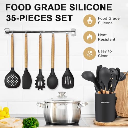 Cooking Utensils Set- 35 PCs Kitchen Utensils with Grater,Tongs, Spoon Spatula &Turner Made of Heat Resistant Food Grade Silicone and Wooden Handles Kitchen Gadgets Tools Set for Nonstick Cookware