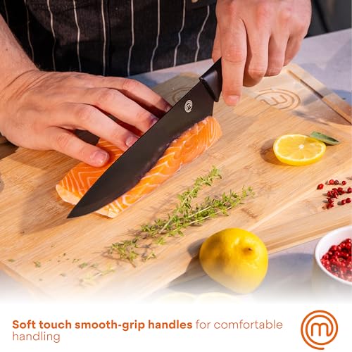 MasterChef Kitchen Knife Set with Covers, 6 Professional Chef Knives for Home Kitchens, Extra Sharp Cutting Stainless Steel Blades & Protective Sheaths, Soft-Touch Easy-Grip Handles, Essential Black