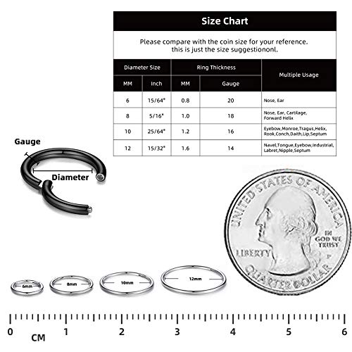 WBRWP 4Pcs 18G(1.0MM) Seamless 316L Stainless-Steel Piercing-Ring Hinged Nose-Rings-Hoop: Womens Body Pierecing Ring Rook Earrings 6mm 8mm 10mm 12mm(each dia 1 pc) Blue