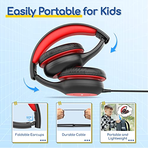 EarFun Kids Headphones Wired with Microphone, 85/94dB Volume Limit Headphones for Kids, Portable Wired Headphones with Shareport, Stereo Sound Foldable Headset for School/Tablet/PC/Kindle, Black Red