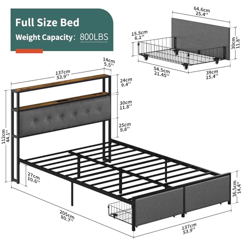 Yoobure Full Size Bed Frame with Headboard, Metal Platform Bed Frame Full Size, Noise Free Heavy Duty Bed Frames with Storage Drawers, Bedframe with Charging Station & LED Light, Black