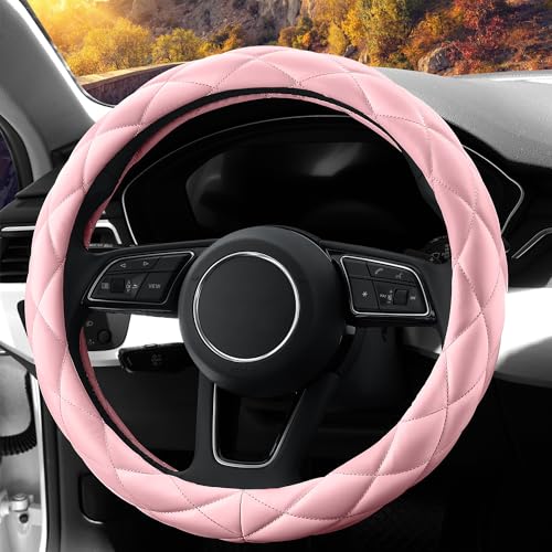 YHONGJT Soft Microfiber Leather Steering Wheel Cover, Universal 15 Inch for Women Girls, Fit Vehicles, Sedans, SUVs, Vans, Trucks - Light Pink