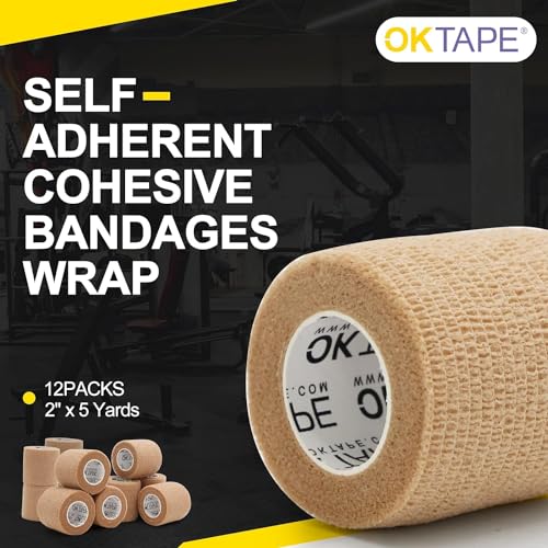 OK TAPE 12 Rolls Self Adhesive Bandage Wrap, Elastic Athletic Tape, Self Stick Bandage Tape, Vet Wrap, Medical Wrap for Wrist, Feet, 2" x 5 Yards - Beige