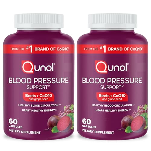 Qunol Blood Pressure Support, 3 in 1 Beets + CoQ10 + Grape Seed Extract, Beet Root Capsules That Supports Healthy Blood Circulation & Heart Healthy Energy, 60 Count (Pack of 1)