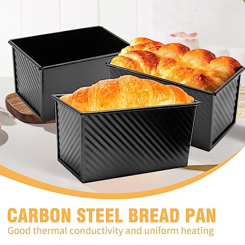 DUZFOREI 2pcs Loaf Pan with Lid,1lb Non-Stick Bread Pan,Bakeware Durable Carbon Steel Bread Toast Mold, Carbon Steel Corrugated Bread Toast Box for Bakeware,Homemade Cakes, Baking Breads and Meatloaf