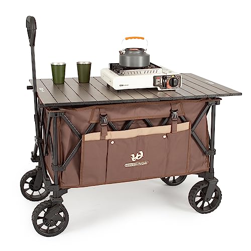 Whitsunday Folding Collapsible Wagon,Camping Large Capacity Heavy Duty Wagon Outdoor Park Beach Wagon Cart with Table Top,Utility Grocery Wagon for Camping Sports Outdoor Shopping Brown