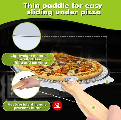 Splotiva Pizza Peel, Aluminum Pizza Spatula,12 inch Metal Pizza Paddle(12"x 14") with Foldable Wood Handle, Rocker Cutter, Pizza Shovel, for Family Pizza Oven Baking Pizza, Dough, Bread & Pastry