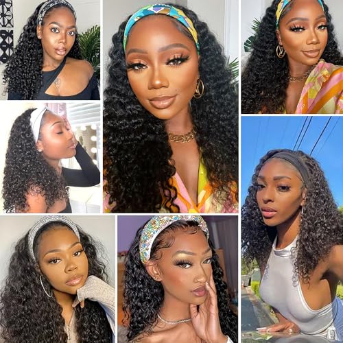 Headband Wig Human Hair Deep Wave Half Wigs Glueless None Lace Front Wigs with Headband Attached Brazilian Human Hair Headband Wigs Glueless Curly Hair for Black Women(30 Inch, Chocolate Brown)