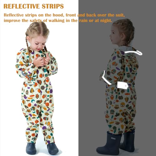 Kids Toddler Rain Suit for Boys Girls One Piece Hoodie Zipper Cartoon Waterproof Coverall Rain Jacket 1-10 Years S Size