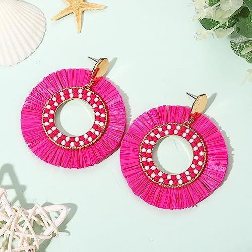 Raffia Round Dangle Earrings Handmade Beaded Raffia Dangle Earrings Boho Summer Beach Dangling Earrings Trendy Statement Geometric Earrings Jewlery for Women (hot pink raffia round earrings)