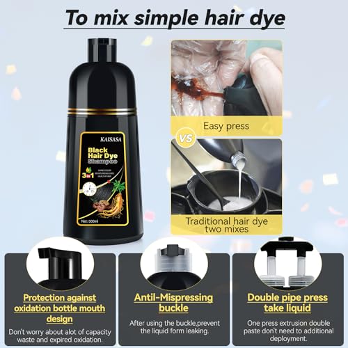 Natural Black Hair Dye Shampoo Instant & Easy 3-in-1 Hair Color Solution for Men and Women - Herbal Formula, Ammonia-free, Lasts 30 Days - 16.90 oz